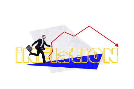 Creative collage young businessman run go inflation economy recession loss failure devaluation...