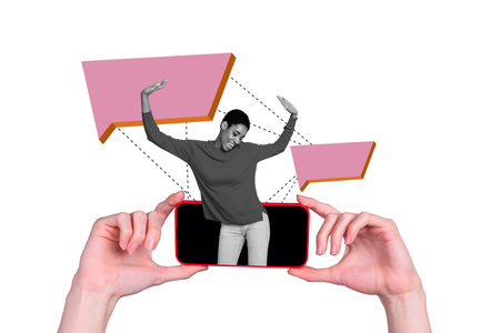Creative poster collage of active energetic funny girl dancing hands hold smartphone communication online connect watch video social mediaの写真素材