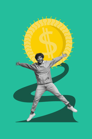 Composite trend artwork collage of businessman young guy success route way huge coins money bitcoin cryptocurrency jump excited richの写真素材