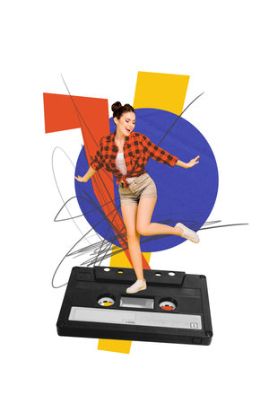 Vertical photo collage of happy girl wear vintage cloth dance retro cassette music record 80s party...