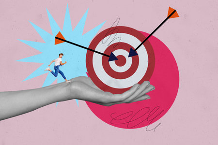 Composite photo collage of astonished man run human hand arrow darts target success development aim isolated on painted backgroundの写真素材