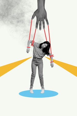 Vertical photo collage of upset girl hang rope marionette problem boss hand control puppet dictatorship isolated on painted backgroundの写真素材