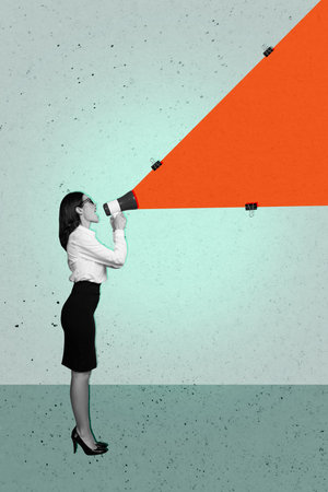 Composite trend artwork sketch image collage of young lady businesswoman boss stand hand hold megaphone proclaim leader propagandaの写真素材