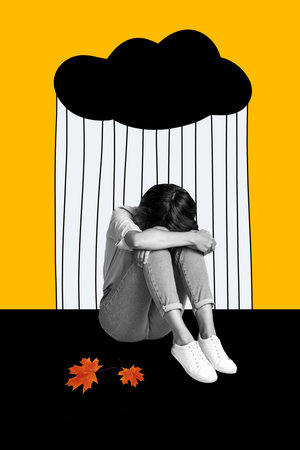 Vertical photo collage of upset depressed girl cry autumn rainfall melancholy mood depression season isolated on painted backgroundの写真素材
