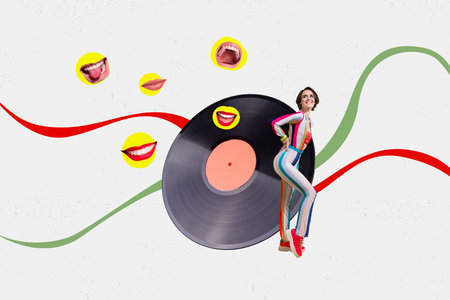 Composite trend artwork 3D sketch image photo collage of mouth talk listen music vinyl recorder...