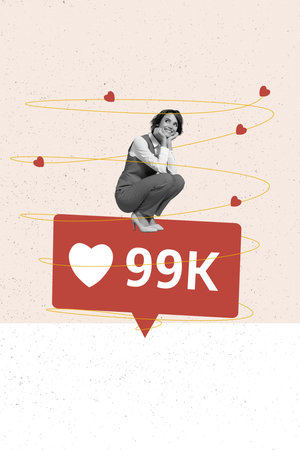 Composite collage image of smm manager worker businesswoman curious look like love heart icon...