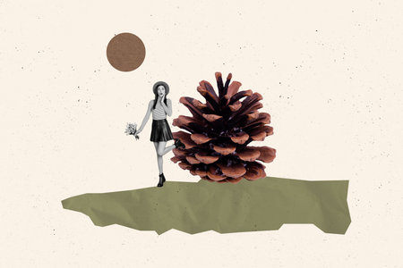 Creative collage young girl hold flowers bouquet bunch environment forest park cone amazed shocked surprised reaction drawing backgroundの写真素材
