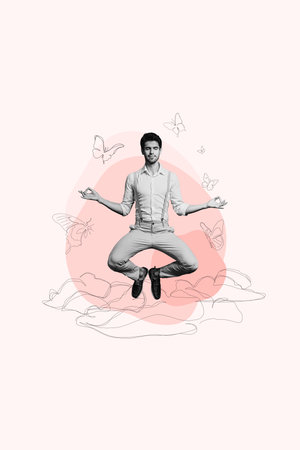 Composite trend artwork 3D sketch image collage of copyspace miniature young man yoga zen levitate outdoors butterfly nature summer relaxの写真素材