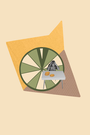 Collage image picture of stressed depressed woman sitting thinking golden coins income isolated on drawing backgroundの写真素材