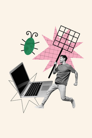 Composite trend artwork sketch image photo collage of worker young guy run work laptop student eyewear data hacker bug virus espionageの写真素材
