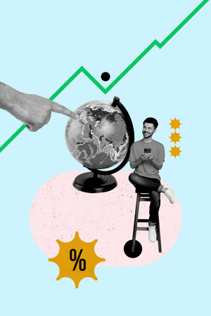 Composite trend artwork sketch image photo collage of hand finger point globe earth map graphics stats student young guy sit smartphoneの写真素材