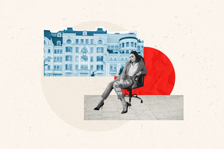 Collage 3d image of pinup pop retro sketch of young female entrepreneur sit armchair office real estate building unusual fantasy billboardの写真素材