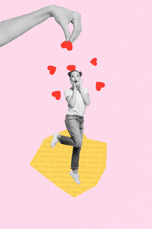 Composite image montage trend artwork 3D collage of young lady shocked stand hand gesture showing throw heart love shape valentine dayの写真素材