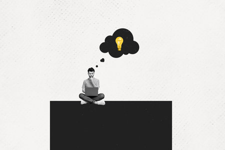 Creative director young man photo collage of professional worker brainstorming generate lightbulb genius idea isolated on white backgroundの写真素材