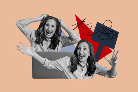 Collage picture mature woman afraid frustrated drawing doodles protester sign demonstration...