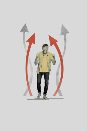 Vertical photo collage of excited man executive show fist arrow promotion pointer success isolated...