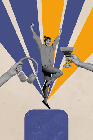 Composite trend artwork sketch photo collage of monochrome surreal space young lady celebrate party cocktail drink headphones listen musicの写真素材