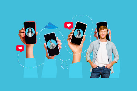 Composite trend artwork 3D sketch image photo collage of young guy stand hands hold smartphone user...