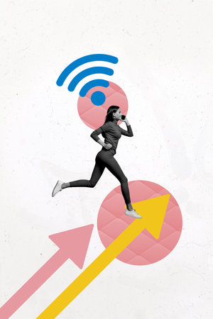 Vertical photo collage of happy girl run arrow direction speak phone wifi connection 5g network hotspot isolated on painted backgroundの写真素材