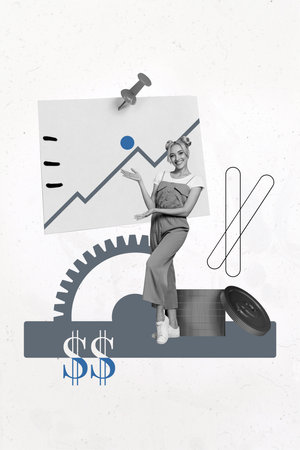 Composite trend artwork 3D sketch image photo collage of young woman work office cogwheel cooperation todo list presentation money richの写真素材