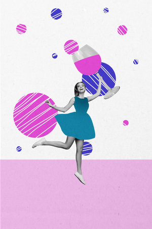 Vertical photo collage of excited happy girl wear short dress hold wine glass relax weekend party event isolated on painted backgroundの写真素材