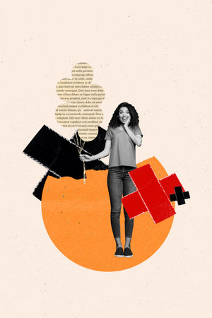 Composite trend artwork 3D sketch image photo collage of young lady miniature stand hand hold rope air balloon decor cross text wordsの写真素材