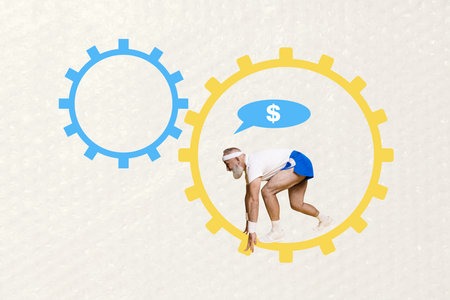 Creative abstract template collage of setting earn money sportsman running weird freak bizarre unusual fantasyの写真素材