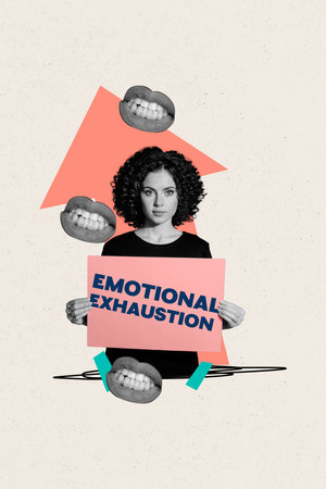 Vertical photo collage of serious girl hold paper sheet banner emotional exhaustion mood depression apathy isolated on painted backgroundの写真素材