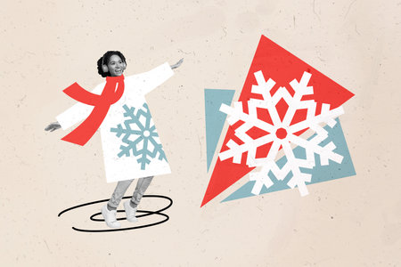 Artwork collage picture of cheerful black white colors girl dancing listen music earphones painted snowflake isolated on creative backgroundの写真素材
