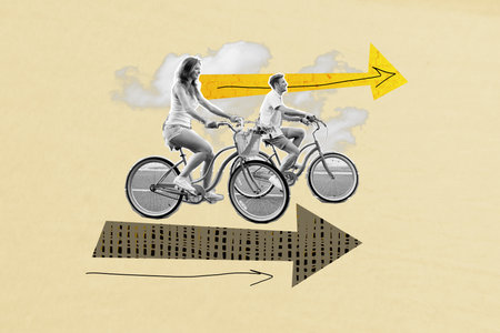 Composite trend artwork sketch image photo collage of young woman man couple ride arrow way point direction bicycle travel summer outdoorsの写真素材