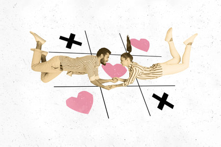 Composite trend artwork 3D sketch image photo collage of valentine day love bonding date young man hand hold lady fly jigsaw boardの写真素材