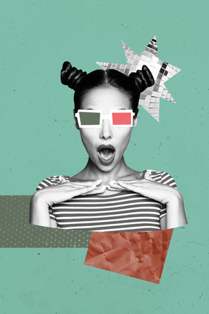 Vertical photo collage of astonished girl wear 3d glasses effect cinema spectator film watching leisure isolated on painted backgroundの写真素材