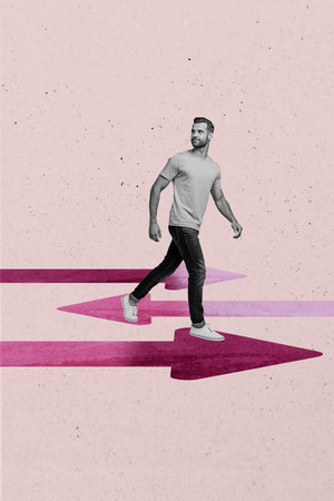 Vertical photo collage of happy guy run arrow development path direction success promotion aim isolated on painted backgroundの写真素材