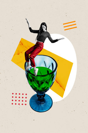 Vertical photo collage of happy girl dance alcohol glass beverage chill party celebration bar weekend vibe isolated on painted backgroundの写真素材