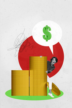 Poster sketch image artwork 3D photo collage of small young lady appear sit penny pile budget talk...