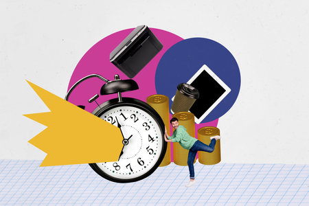 Composite photo collage of happy man push alarm clock coin income ereader device scanner office supplies isolated on painted backgroundの写真素材