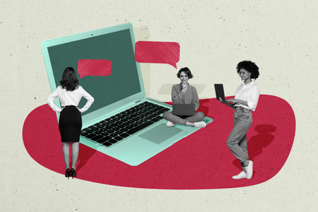 Composite trend artwork sketch collage of speech cloud chatting three young lady coworking huge laptop keyboard chatting office remoteの写真素材