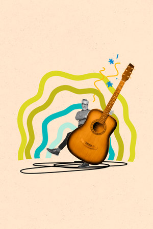 Vertical photo collage of happy old man dance acoustic guitar concert performance celebration weekend isolated on painted backgroundの写真素材