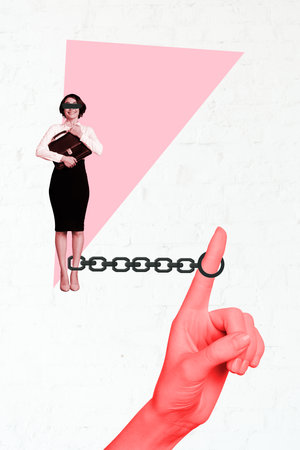 Vertical photo collage of happy girl employee hold briefcase chain hostage index finger trap boss assault isolated on painted backgroundの写真素材