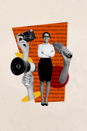 Vertical poster collage young businesswoman reporter microphone journalist camera photographer loudspeaker announce informationの写真素材