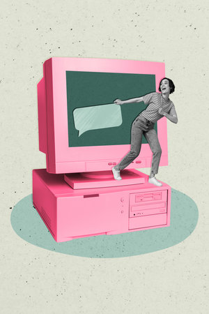 Composite trend artwork 3D sketch photo collage of obsolete computer monitor miniature young lady...