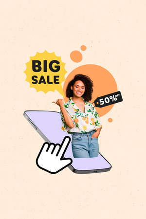 Vertical photo collage of happy american girl peek phone point big sale icon black friday online retail isolated on painted backgroundの写真素材