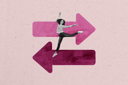 Creative trend artwork design 3D collage sketch of different direction arrow point choice young...