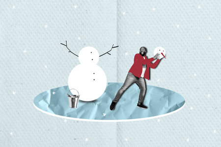 Postcard collage placard of positive funny guy making sculpturing snowman isolated on drawing backgroundの写真素材