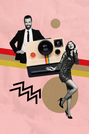 Vertical photo collage of happy guy photographer take picture instant camera fashion model girl pose cadre isolated on painted backgroundの写真素材
