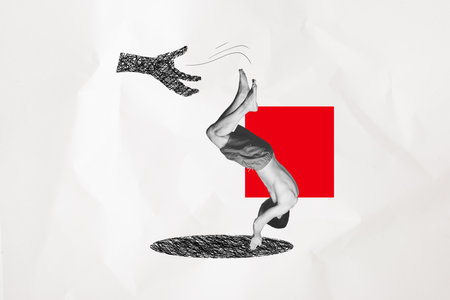Poster collage image of afraid scared guy escaping fantasy creature human painted arm isolated on...