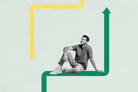 Composite trend artwork sketch image photo collage of copyspace arrow way direction point choose young man sit success smile handsomeの写真素材