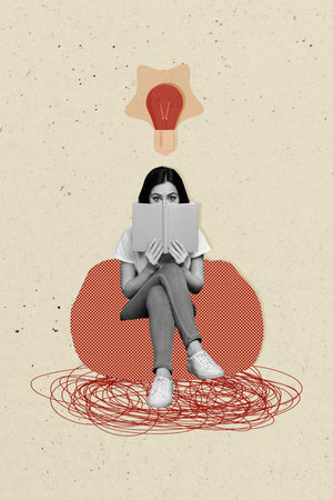 Composite trend artwork sketch photo collage of poster young lady student sit beanbag hand hold book read lamp electricity idea creativeの写真素材