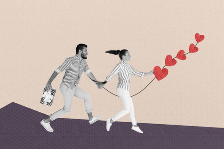 Composite trend artwork sketch image collage of valentine day holiday date love young couple man hand hold lady walk gift heart threadの写真素材