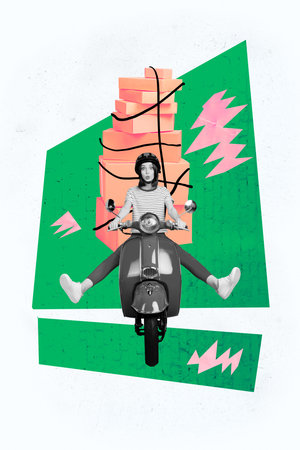 Vertical photo collage of astonished girl ride retro vespa moped cardboard parcel fast delivery service box isolated on painted backgroundの写真素材